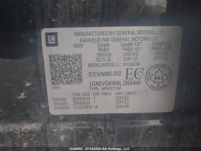 1GNEVGKW8LJ266440 Chevrolet lfy - spark ignited direct injection, atss, gen 1