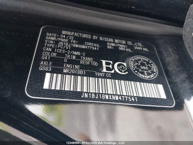 JN1BJ1BWXNW477541 Nissan ROGUE SPORT