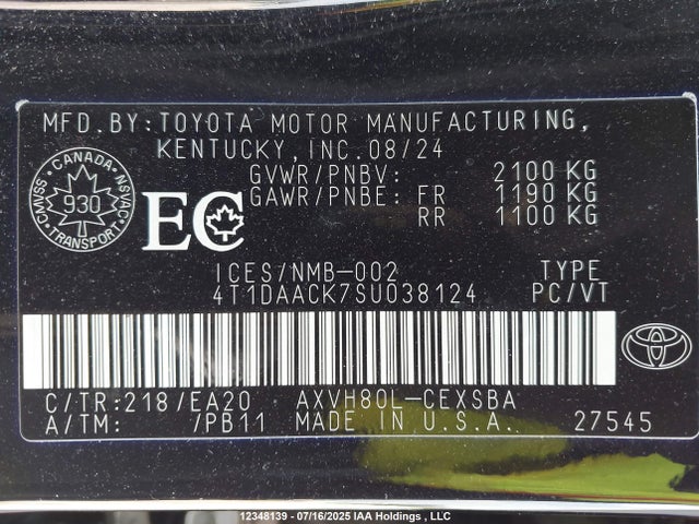 4T1DAACK7SU038124 Toyota a25a-fxs