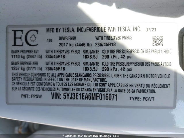 5YJ3E1EA6MF016071 Tesla MODEL 3