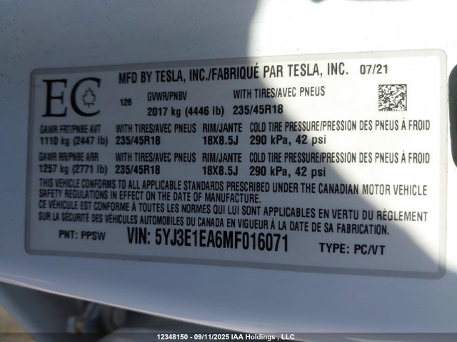 5YJ3E1EA6MF016071 Tesla MODEL 3