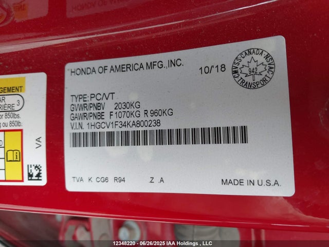 1HGCV1F34KA800238 Honda l15be