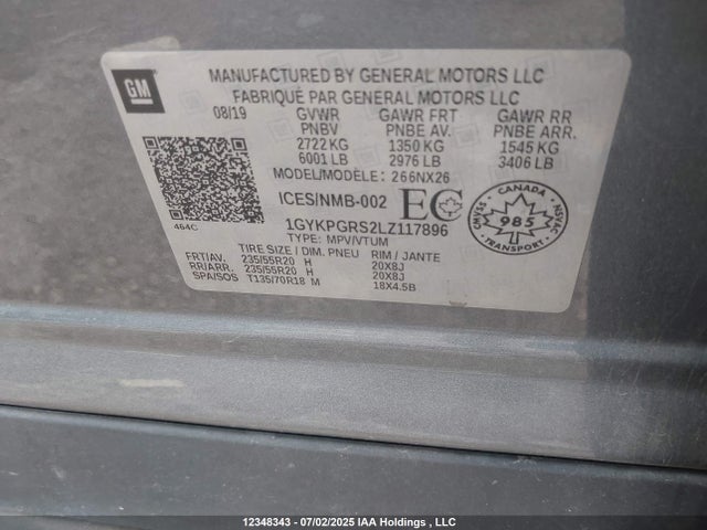 1GYKPGRS2LZ117896 Cadillac lgx, vvt, alum, gen 2