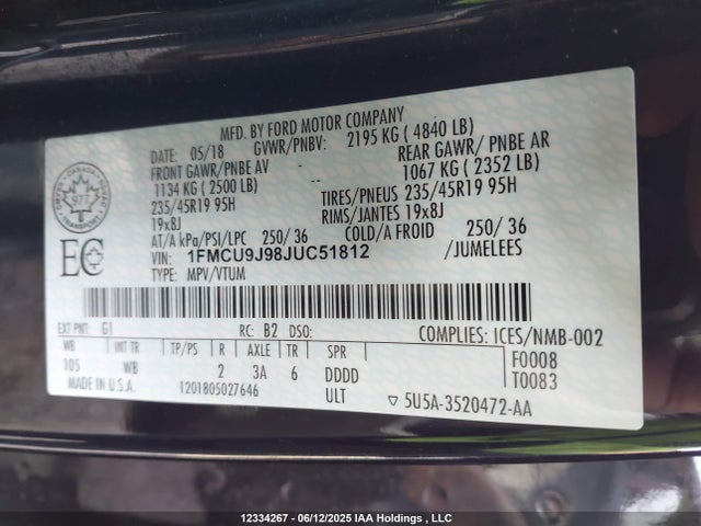 1FMCU9J98JUC51812 Ford 2018