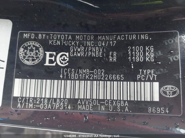 4T1BD1FK2HU226665 Toyota 2ar-fxe+2jm