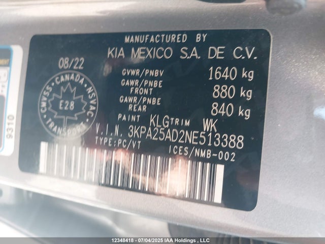 3KPA25AD2NE513388 KIA mpi gamma ii