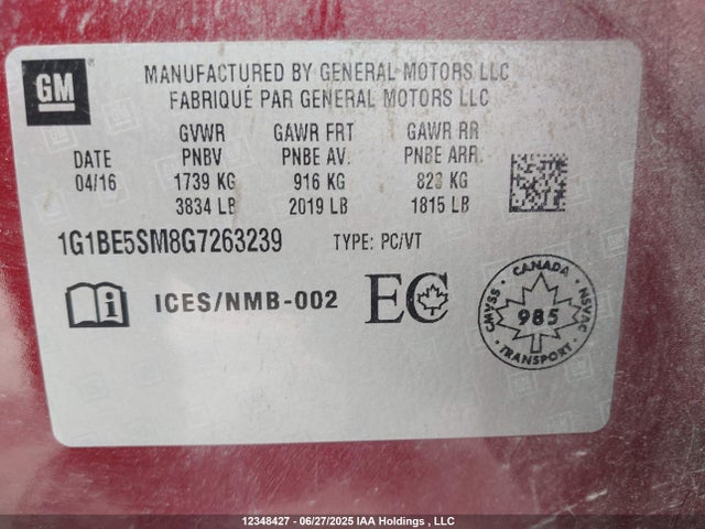1G1BE5SM8G7263239 Chevrolet le2 - di: direct injection, alum, vvt, gen i, gmna
