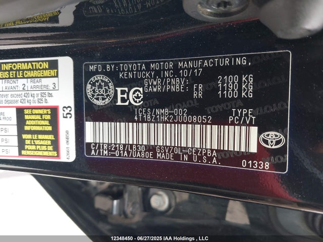 4T1BZ1HK2JU008052 Toyota 2gr-fks