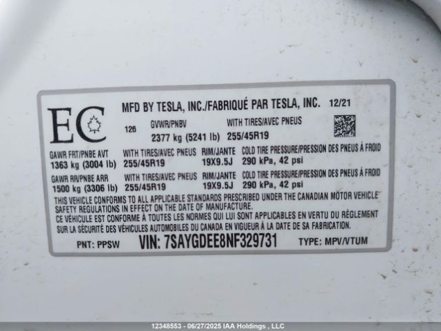 7SAYGDEE8NF329731 Tesla Model Y
