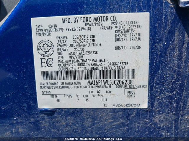 MAJ6P1WL5JC206238 Ford Ecosport