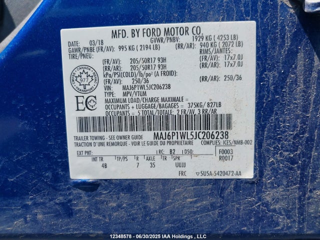 MAJ6P1WL5JC206238 Ford Ecosport