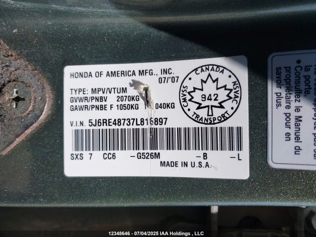 Продажа на аукционе авто 2007 Honda Cr-v Ex-l, vin: 5J6RE48737L816897, номер лота: 12348646