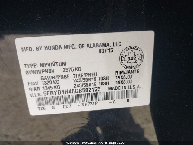 Acura j35y5 2016 5FRYD4H46GB502155 Image 9