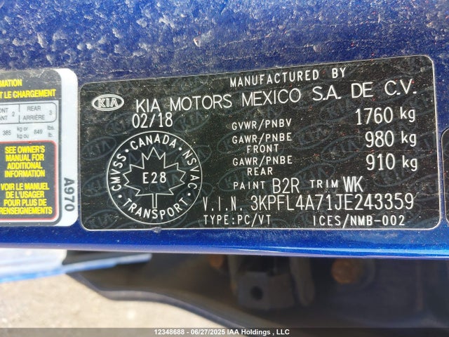 3KPFL4A71JE243359 KIA mpi nu