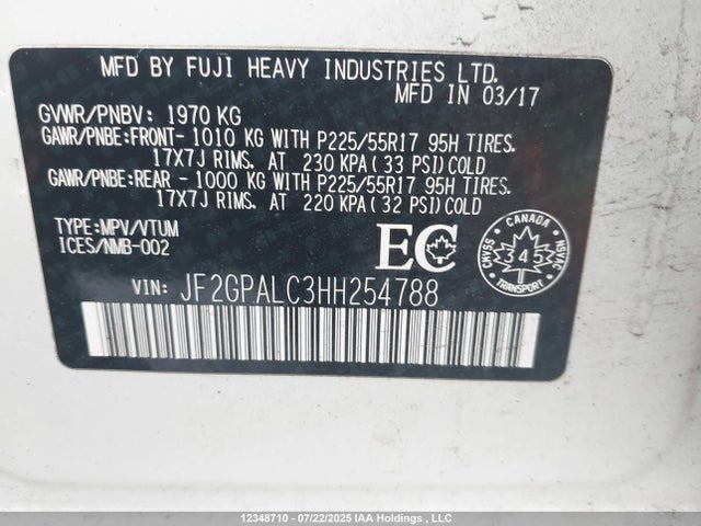 JF2GPALC3HH254788 Subaru naturally aspirated