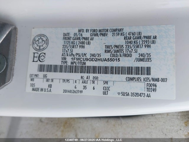 1FMCU9GD2HUA55015 Ford gtdi sigma w/premium fuel