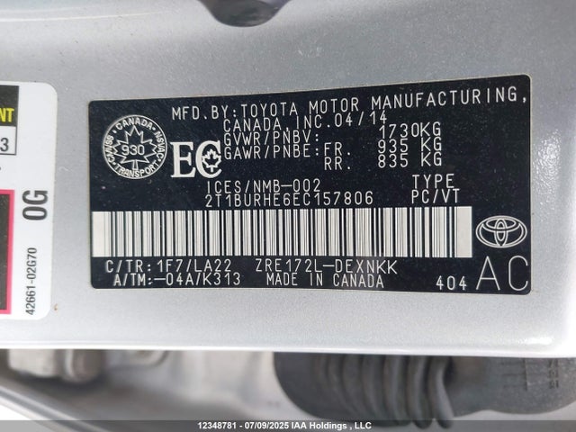 2T1BURHE6EC157806 Toyota 2zr-fe