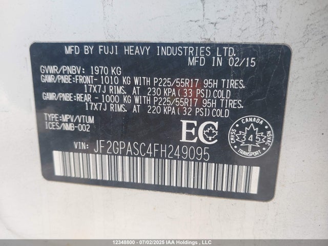 JF2GPASC4FH249095 Subaru 2.0l naturally aapirated