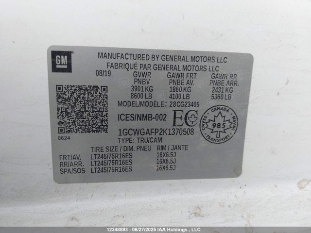 1GCWGAFP2K1370508 Chevrolet lv1 - sidi, vvt, e85 max, iron
