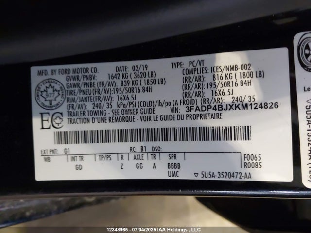 3FADP4BJXKM124826 Ford 2019