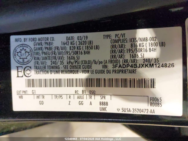3FADP4BJXKM124826 Ford 2019
