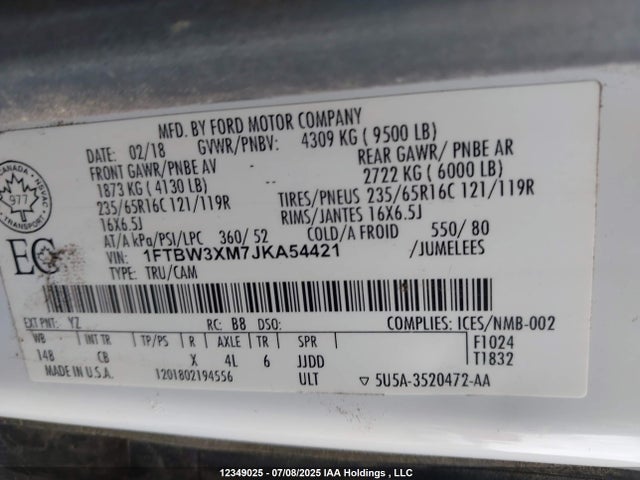 Продажа на аукционе авто 2018 Ford Transit T-350, vin: 1FTBW3XM7JKA54421, номер лота: 12349025
