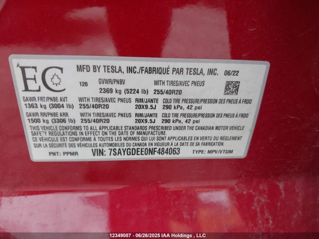 Tesla Model Y 2022 7SAYGDEE0NF484063 Image 9