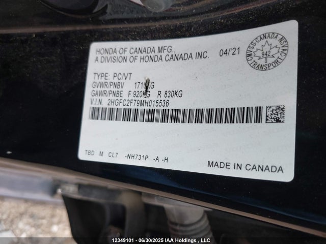 Honda l15b7 2021 2HGFC2F79MH015536 Image 9