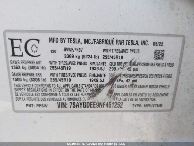 Tesla Model Y 2022 7SAYGDEE9NF461252 Image 19