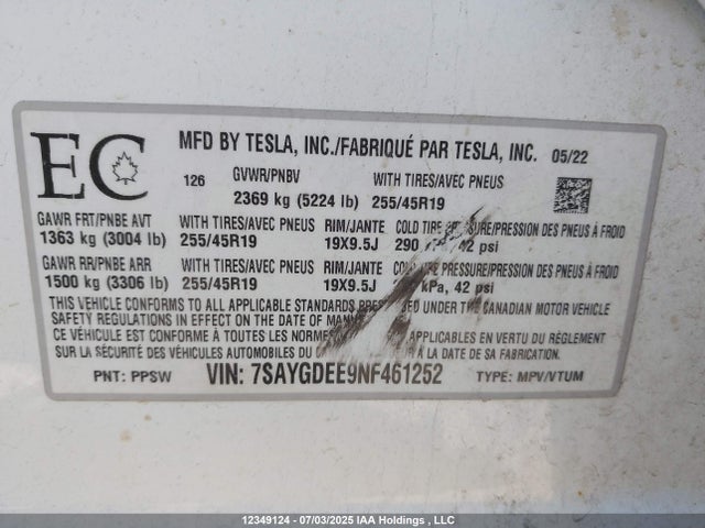 Tesla Model Y 2022 7SAYGDEE9NF461252 Image 9