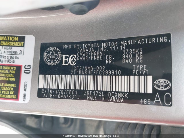 Продаж на аукціоні авто 2015 Toyota Corolla Le, vin: 2T1BURHE7FC299910, номер лоту: 12349167