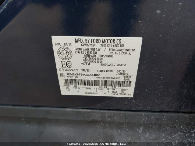 1FM5K8F89GGA54051 Ford Explorer