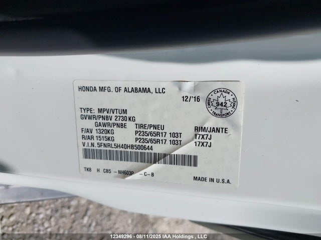 Honda j35z8 2017 5FNRL5H40HB500644 Image 9