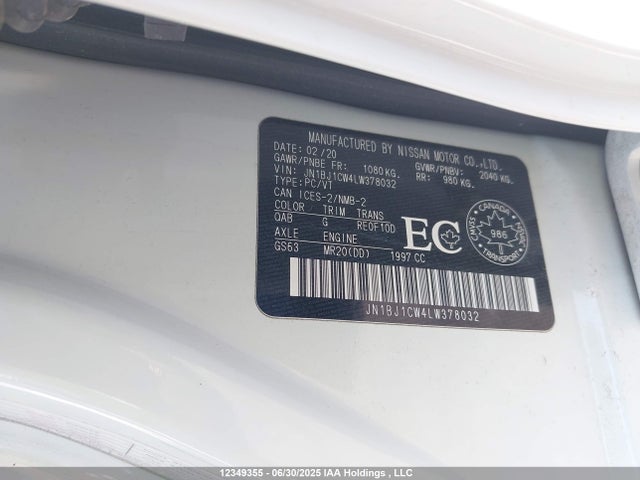 12349355 :رقم المزاد ، JN1BJ1CW4LW378032 vin ، 2020 Nissan Qashqai مزاد بيع