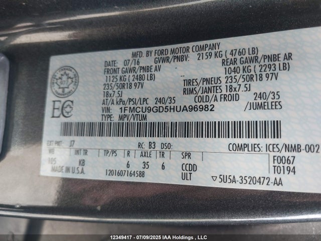 1FMCU9GD5HUA96982 Ford gtdi sigma w/premium fuel