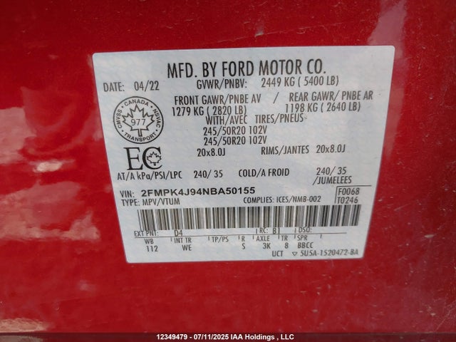 12349479 :رقم المزاد ، 2FMPK4J94NBA50155 vin ، 2022 Ford Edge Sel مزاد بيع