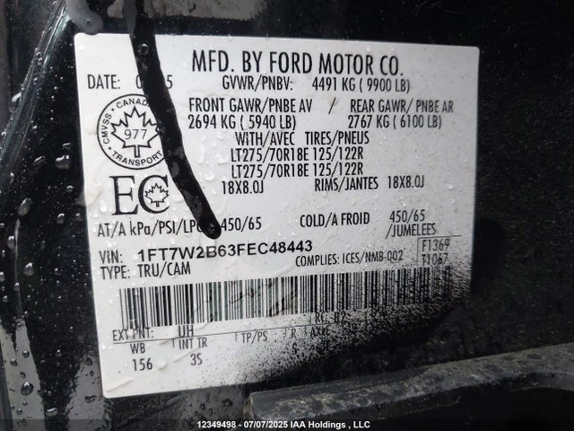 2015 Ford F-250 Xlt მანქანა იყიდება აუქციონზე, vin: 1FT7W2B63FEC48443, აუქციონის ნომერი: 12349498
