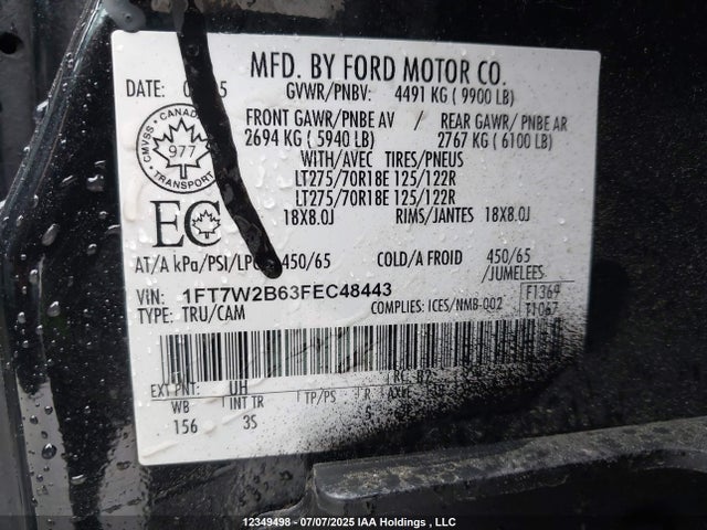 2015 Ford F-250 Xlt მანქანა იყიდება აუქციონზე, vin: 1FT7W2B63FEC48443, აუქციონის ნომერი: 12349498