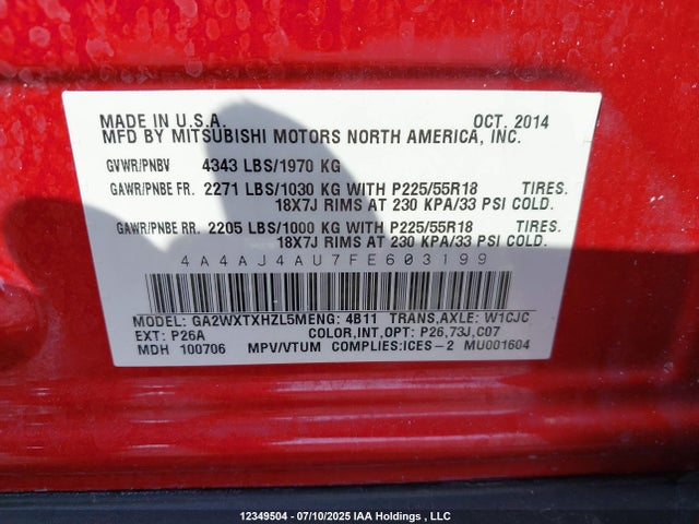 Mitsubishi dohc mivec 2015 4A4AJ4AU7FE603199 Image 9