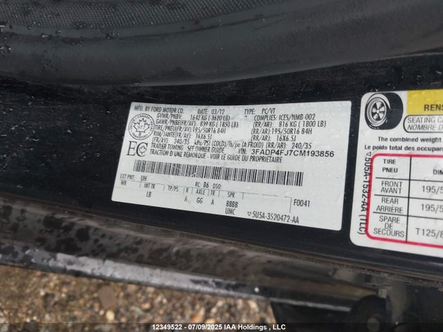 12349522 :رقم المزاد ، 3FADP4FJ7CM193856 vin ، 2012 Ford Fiesta Ses مزاد بيع