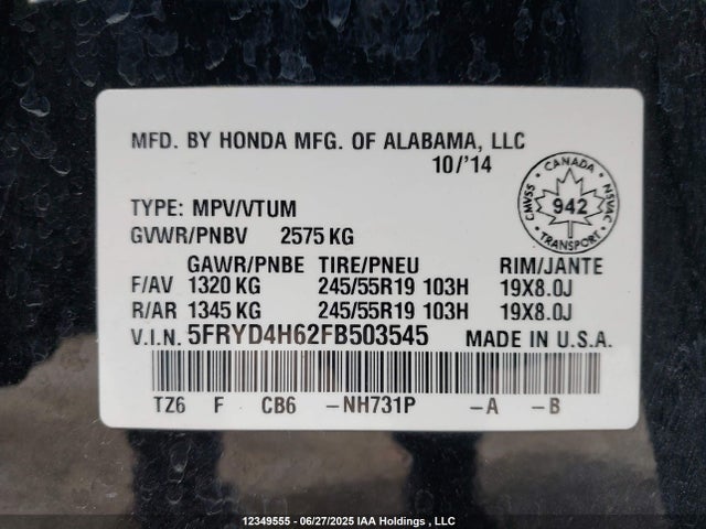 Acura j35y5 2015 5FRYD4H62FB503545 Image 9