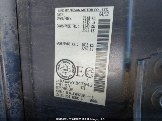 Aukcja sprzedaży 2012 Nissan Maxima S/sv, vin: 1N4AA5AP9CC847943, numer aukcji: 12349592