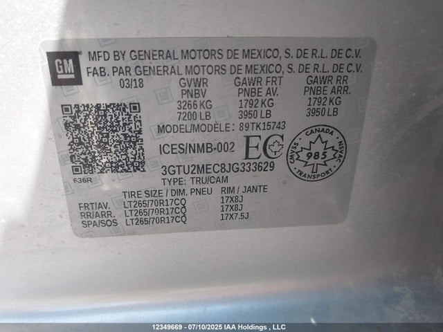 3GTU2MEC8JG333629 GMC l83 -spark ignited direct injection, variable valve timing, afm, e85 max, alum