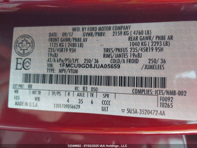 1FMCU9GD8JUA05659 Ford 1.5l gtdi sigma w/premium fuel