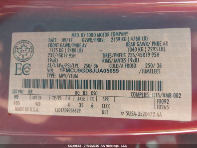 1FMCU9GD8JUA05659 Ford 1.5l gtdi sigma w/premium fuel