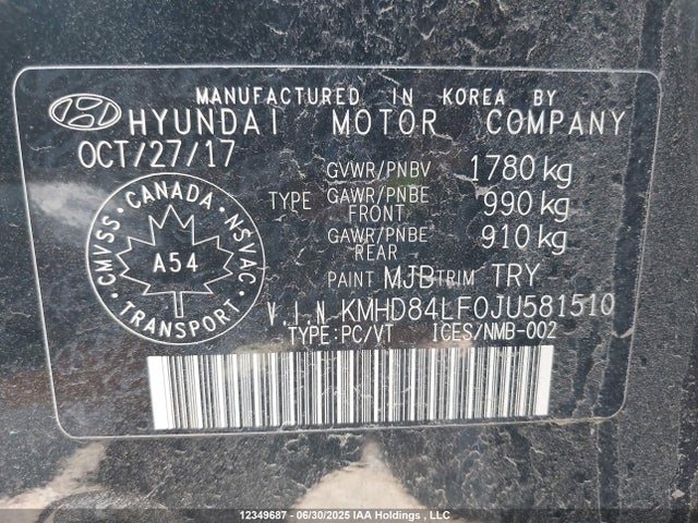 KMHD84LF0JU581510 Hyundai mpi nu