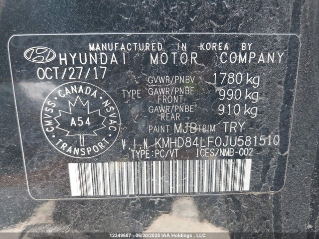 KMHD84LF0JU581510 Hyundai mpi nu