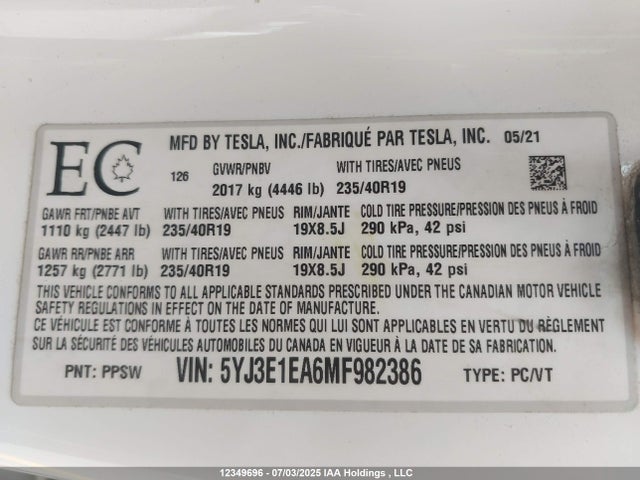 5YJ3E1EA6MF982386 Tesla MODEL 3