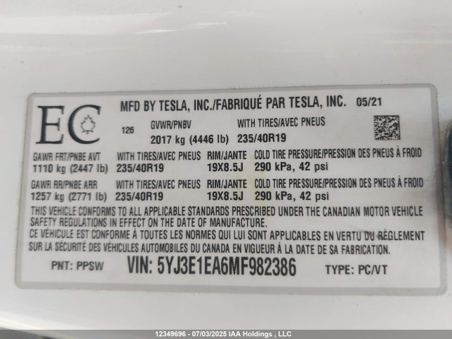 5YJ3E1EA6MF982386 Tesla MODEL 3