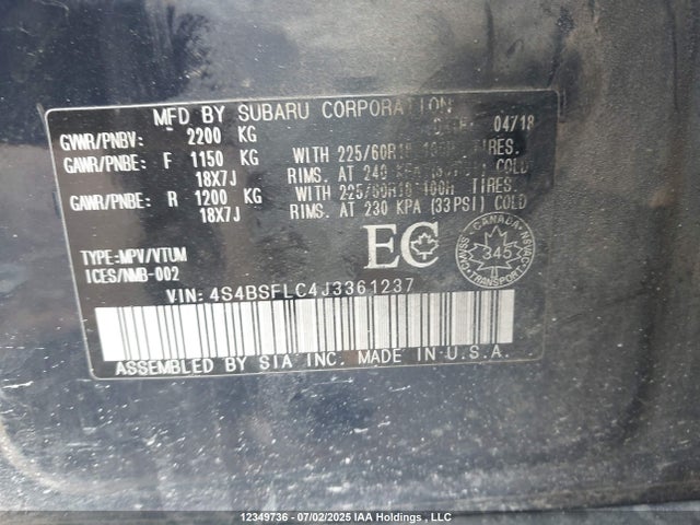 4S4BSFLC4J3361237 Subaru c0